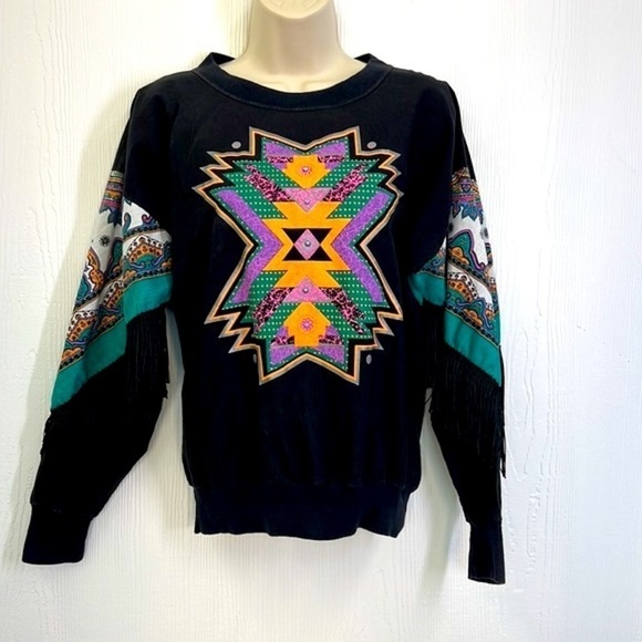 Hazelwood Southwest Fashion - Vintage 80s Black Aztec Fringe Sweatshirt Small - Picture 8 of 12